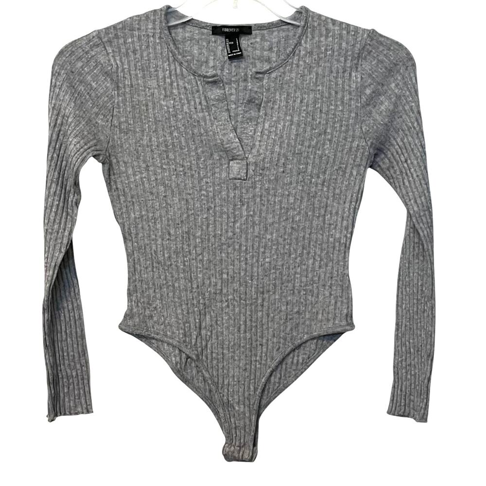FOREVER 21 HIGH-RISE LONG SLEEVE RIBBED KNIT BODYSUIT, WOMENS, L, GREY, SNAPS